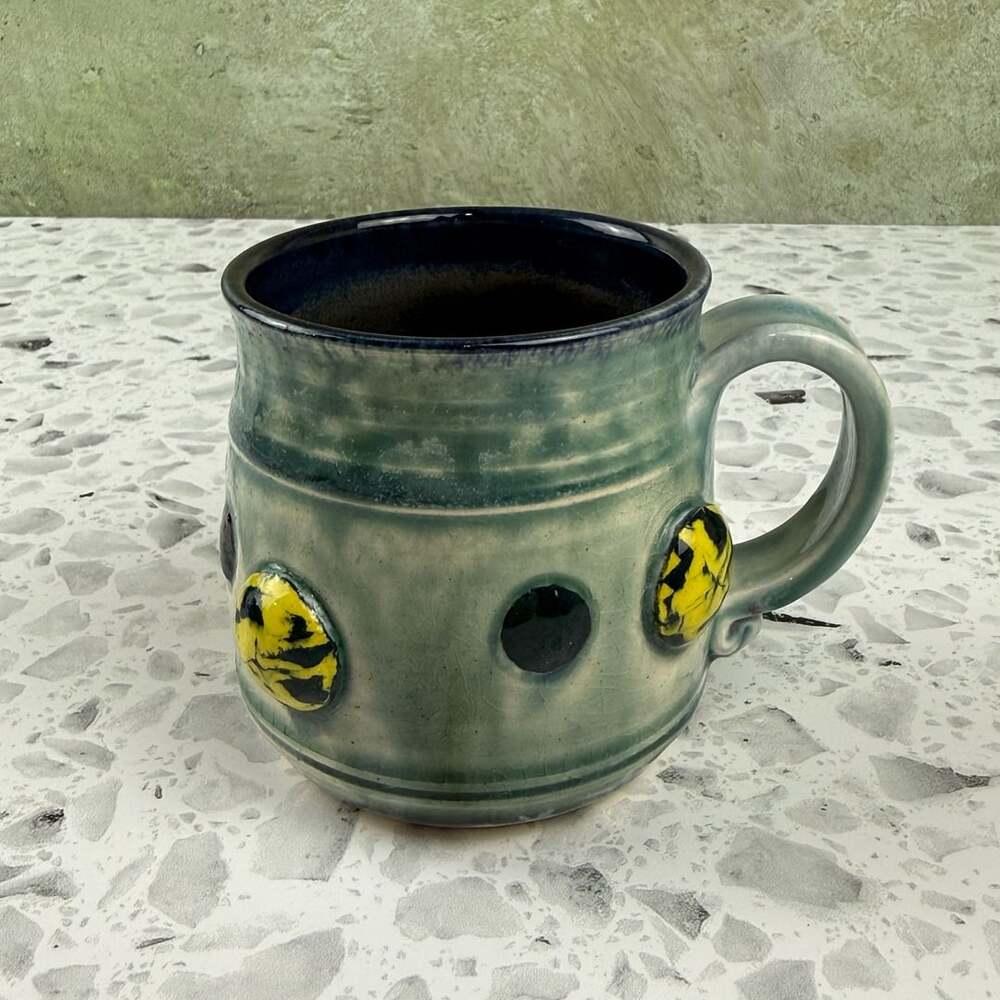 Art Pottery Studio Mug 2018 Green Blue Yellow 3D Dot Hobnail R.Wilson